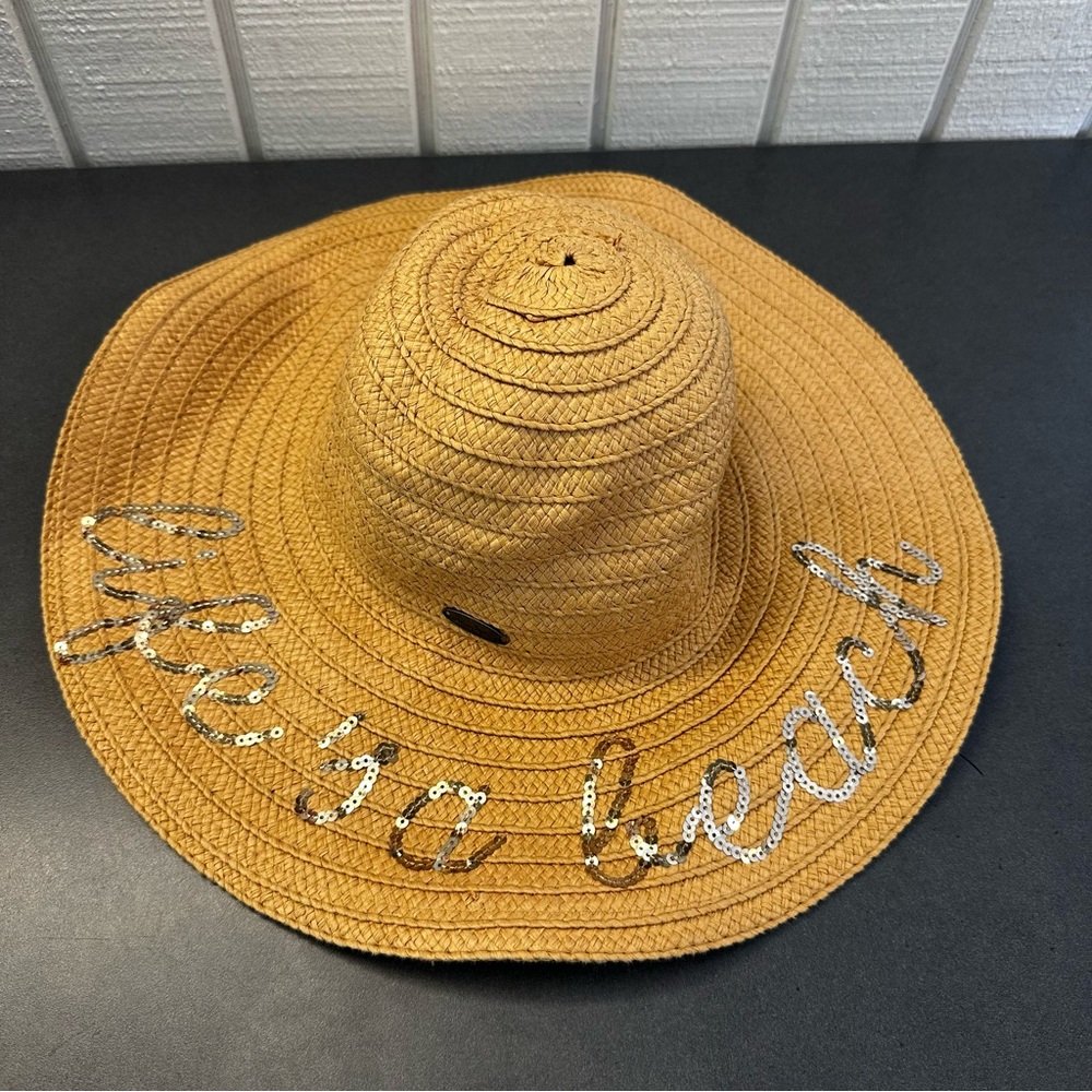 Panama Jack Women’s Chic “Life’s A Beach” Sequin Tan Straw Sun Hat